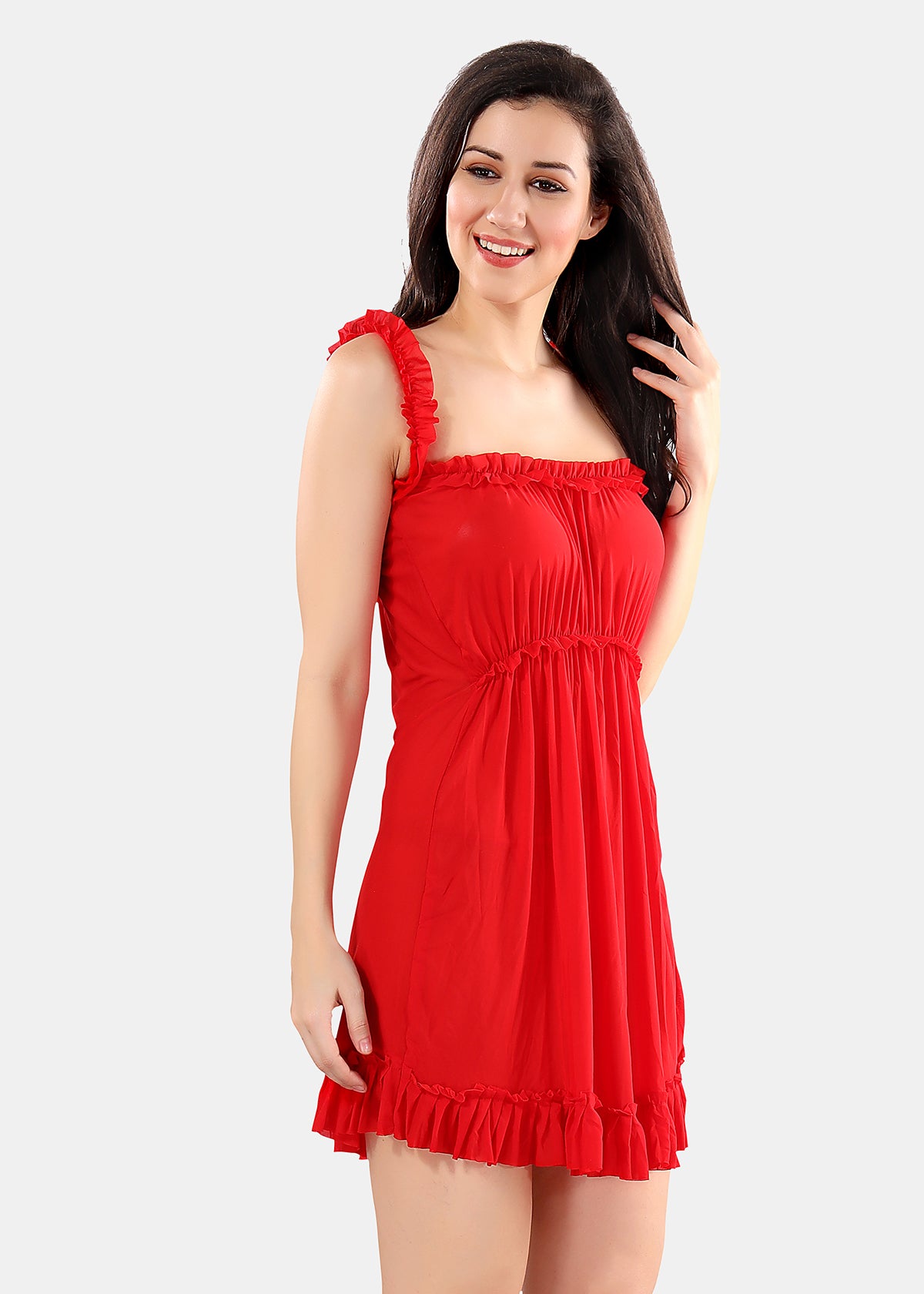 Red Solid Power Net Babydoll Nighty with Panty for Women