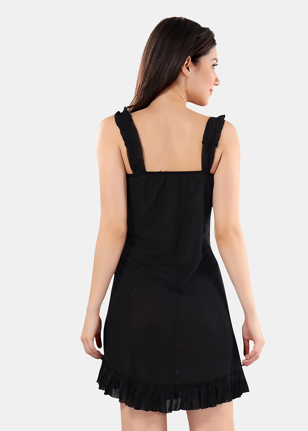 Black Solid Power Net Baby Doll Nighty with Panty for Women