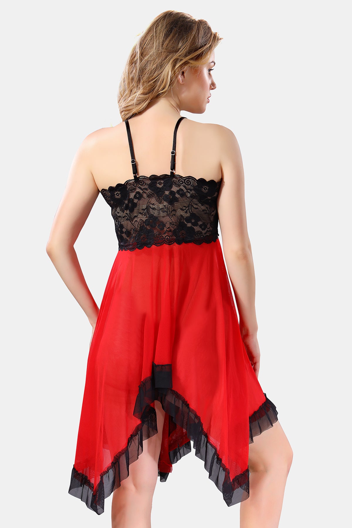 Black & Red Solid Power Net Baby Doll Nighty for Women