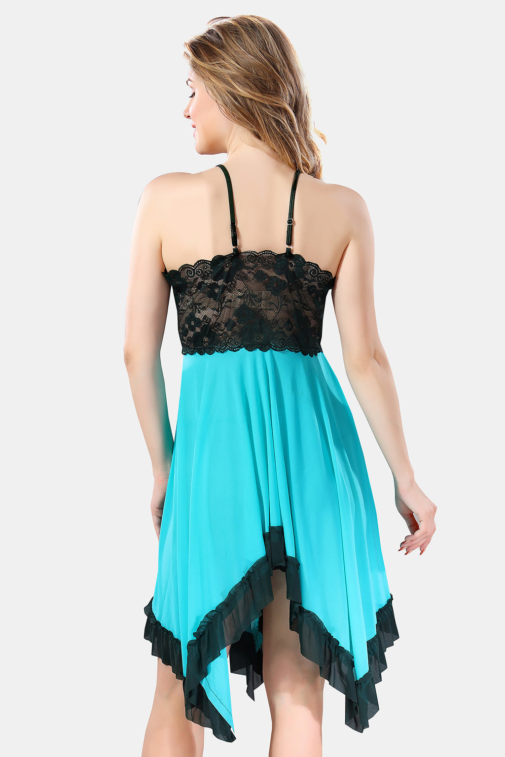 Turquoise Solid Power Net Baby Doll Nighty for Women