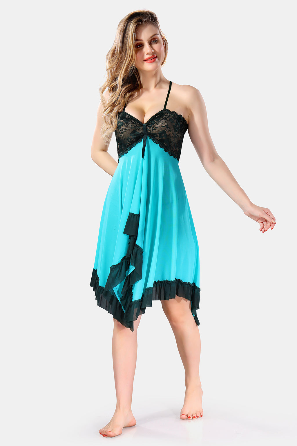 Turquoise Solid Power Net Baby Doll Nighty for Women