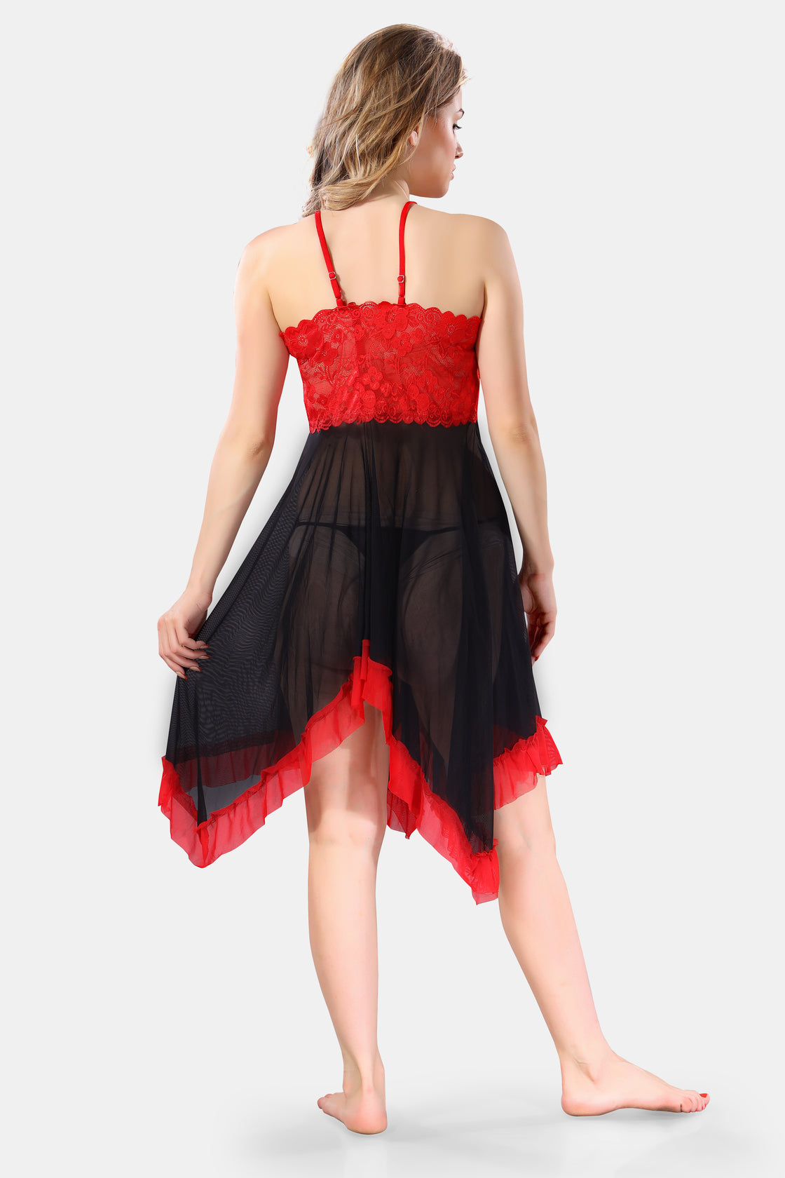 Black Solid Power Net Baby Doll Nighty for Women