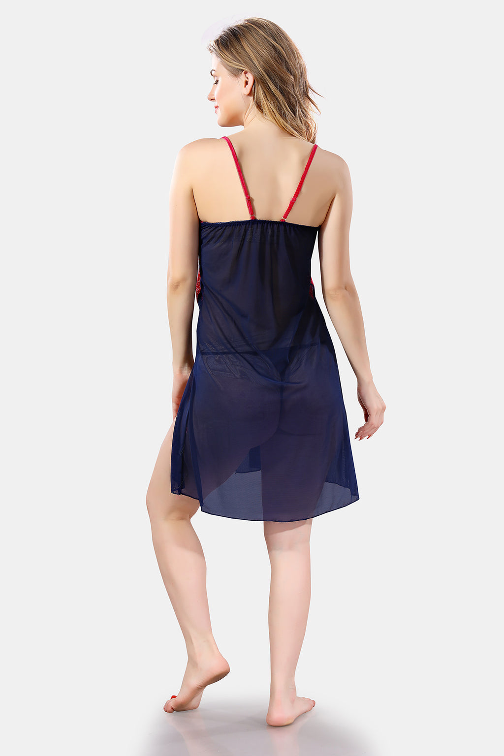Navy Blue Solid Power Net Babydoll Nighty