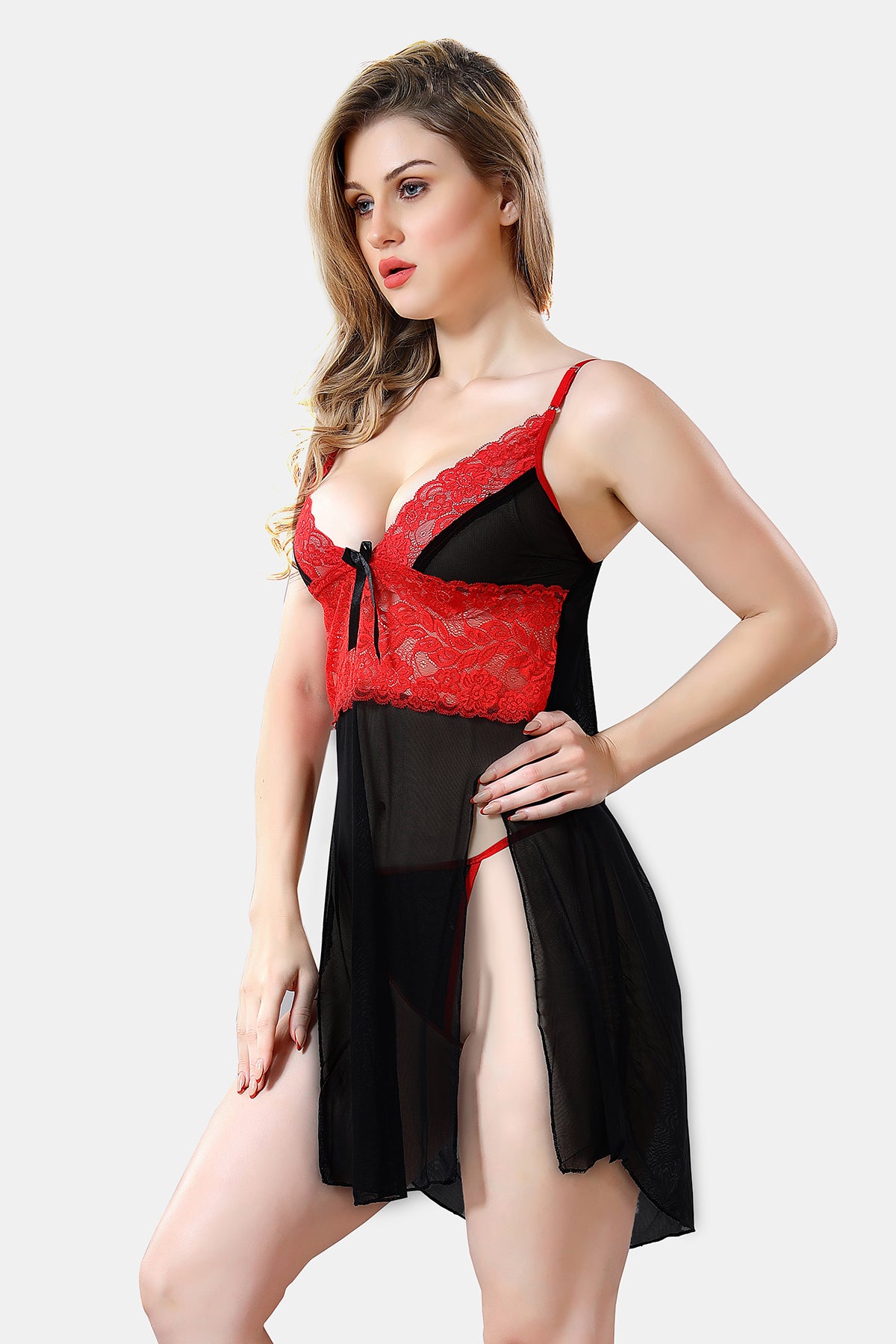 Solid Power Net Baby Doll Nighty with Panty for Women