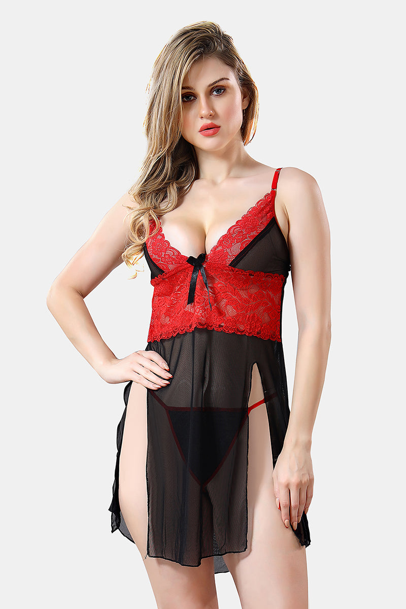 Solid Power Net Baby Doll Nighty with Panty for Women