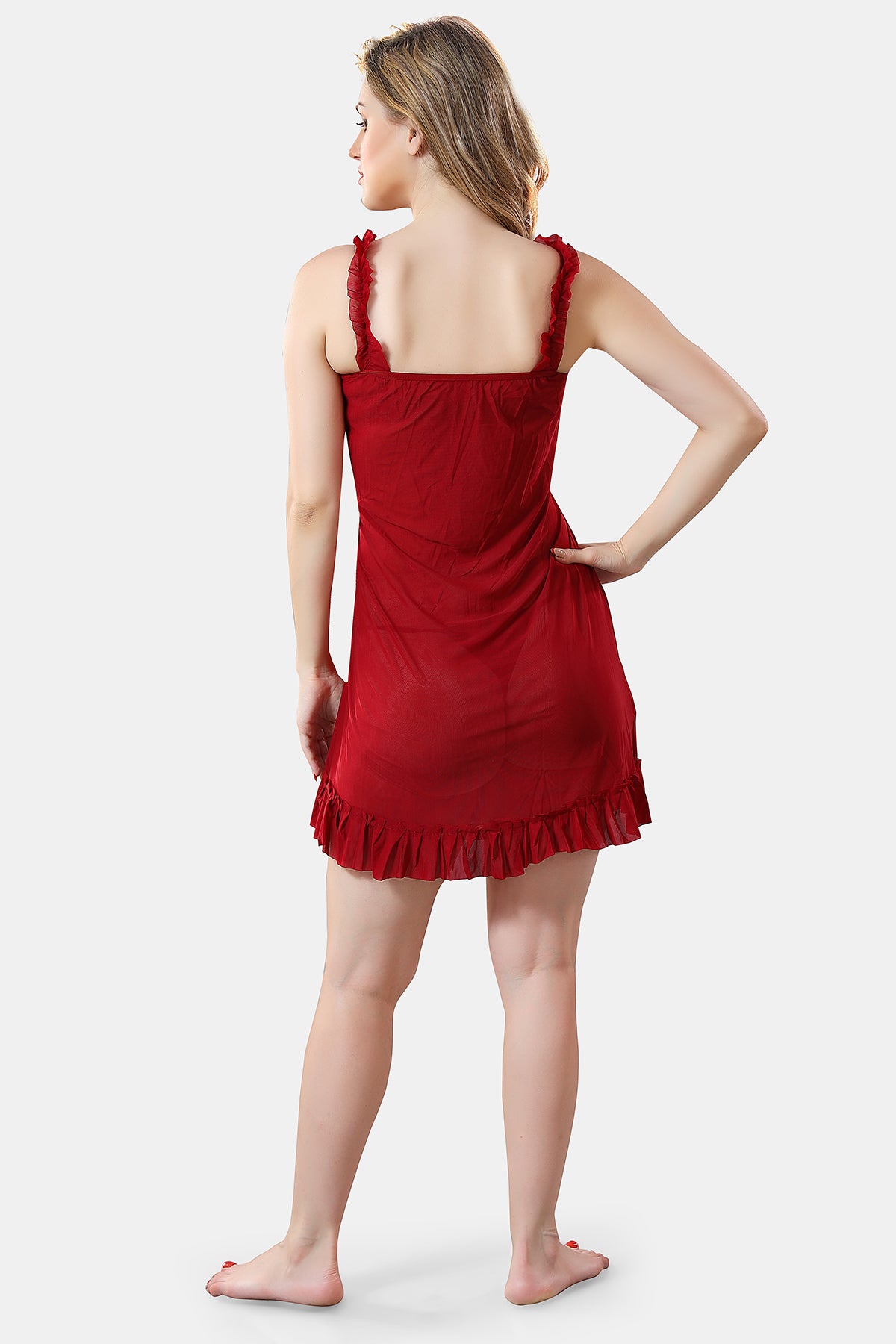 Solid Power Net Baby Doll Nighty with Panty for Women, Maroon