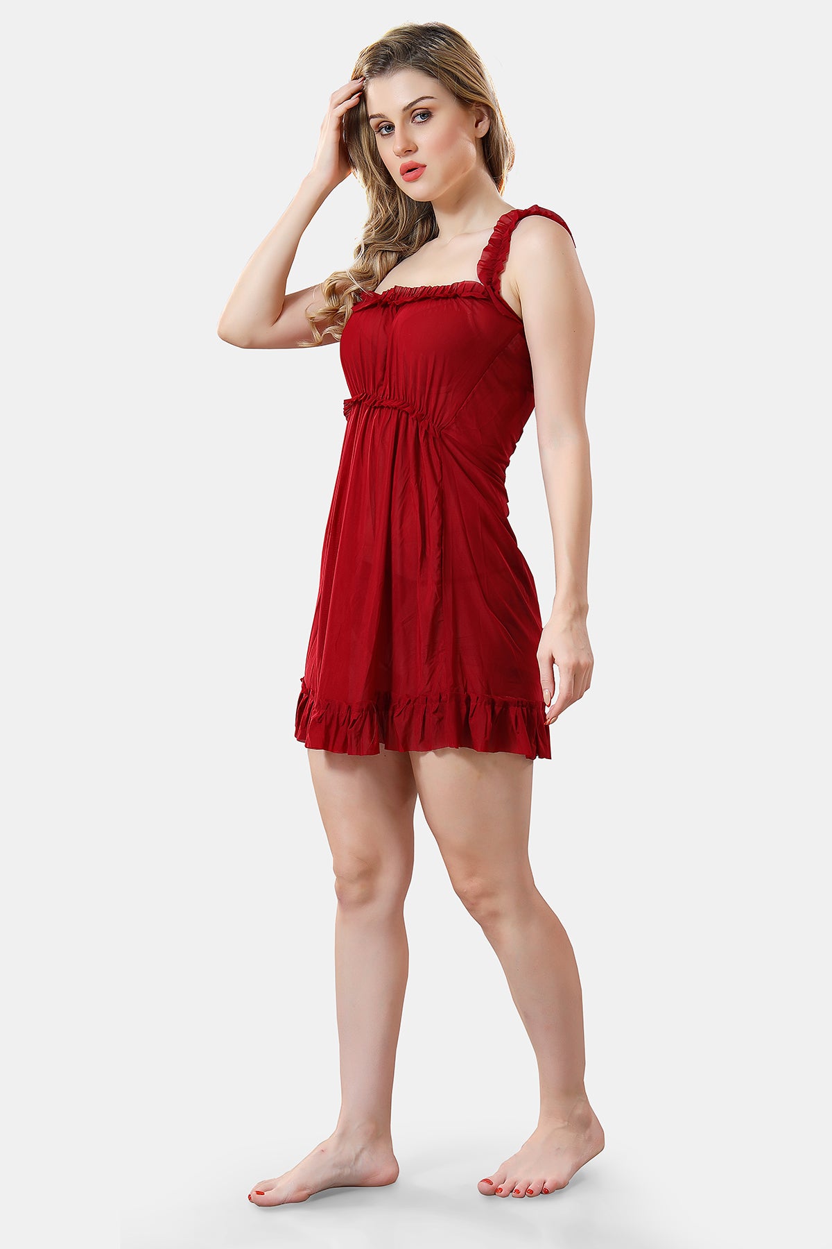 Solid Power Net Baby Doll Nighty with Panty for Women, Maroon