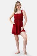 Solid Power Net Baby Doll Nighty with Panty for Women, Maroon