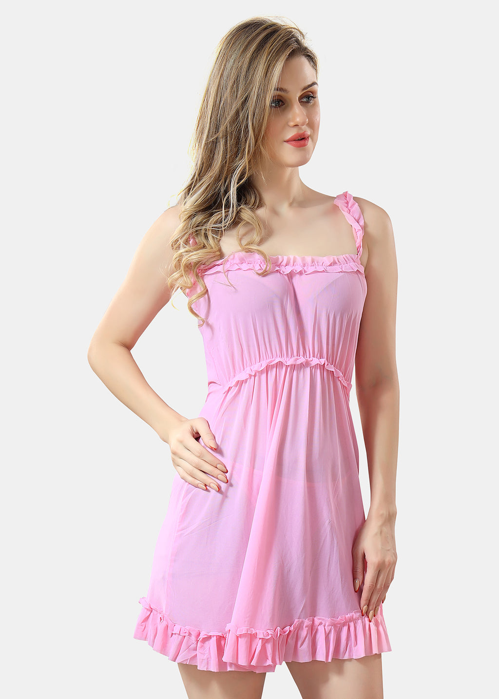 Solid Power Net Baby Doll Nighty with Panty for Women, Baby Pink