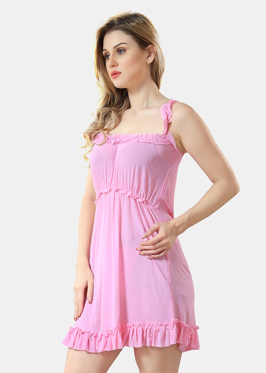 Solid Power Net Baby Doll Nighty with Panty for Women, Baby Pink