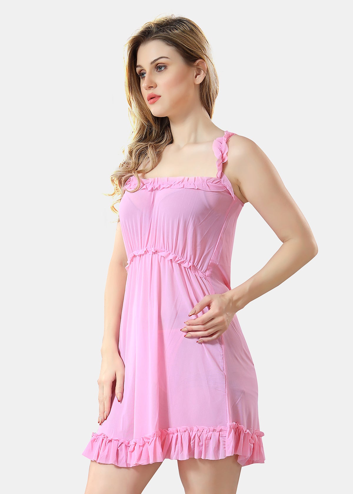 Solid Power Net Baby Doll Nighty with Panty for Women, Baby Pink