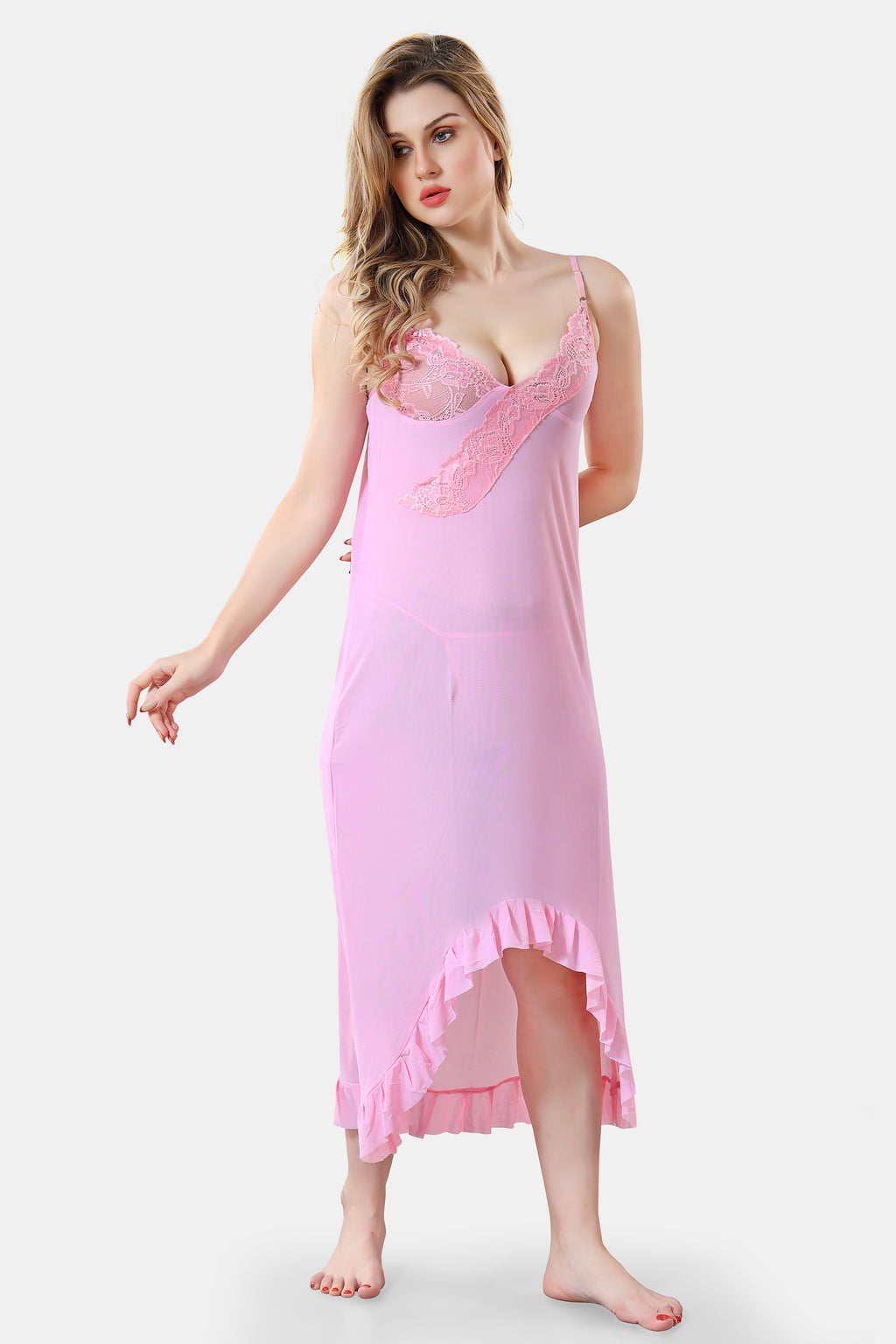 Solid Power Net Baby Doll Nighty with Panty for Women, Light Pink