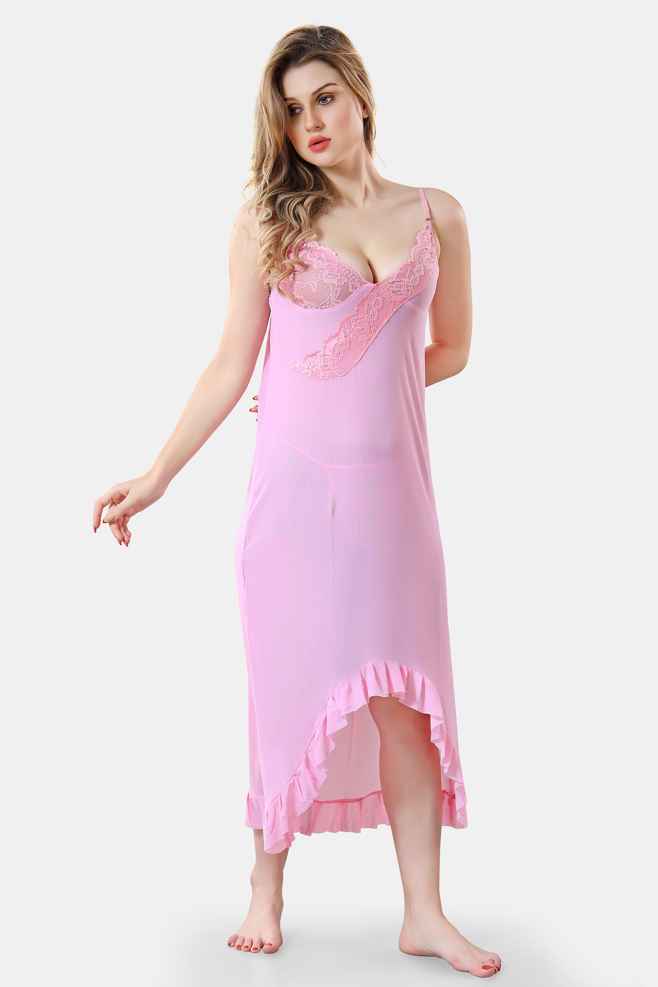 Solid Power Net Baby Doll Nighty with Panty for Women, Light Pink
