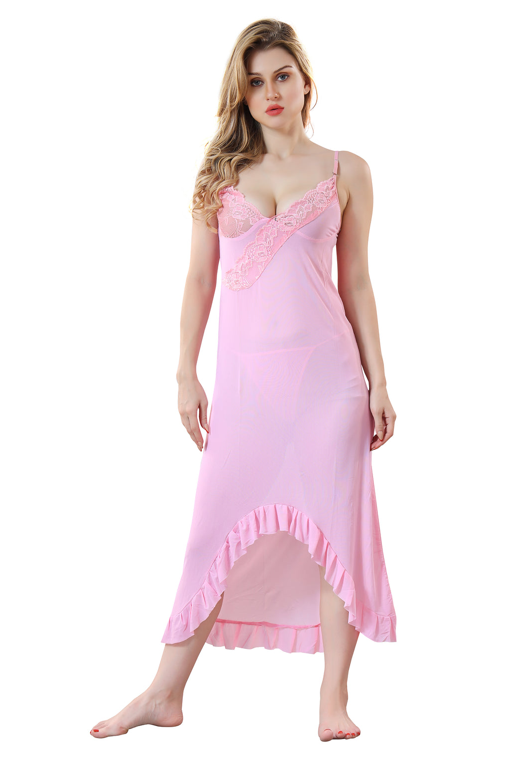 Solid Power Net Baby Doll Nighty with Panty for Women, Light Pink