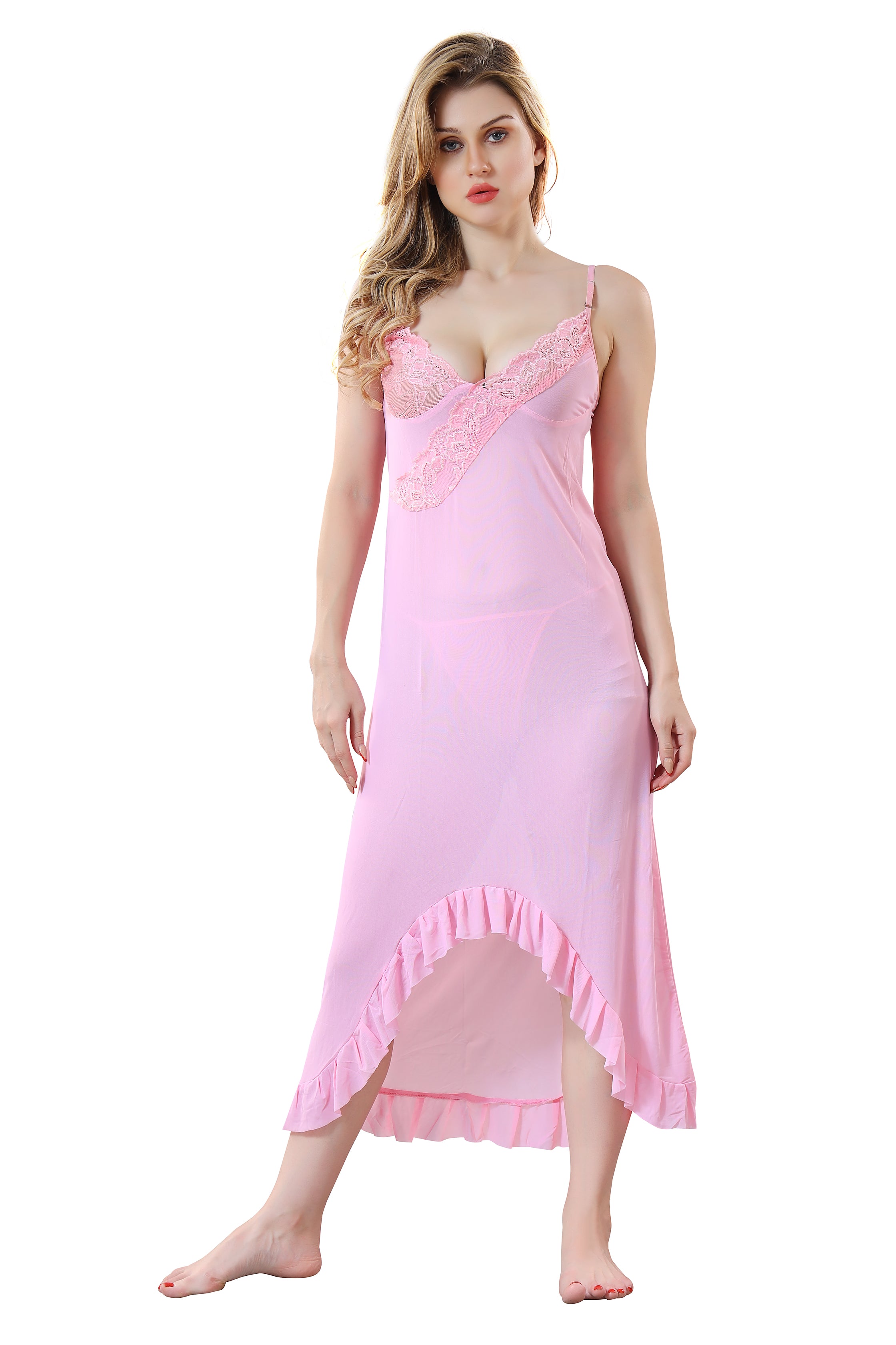 Solid Power Net Baby Doll Nighty with Panty for Women, Light Pink