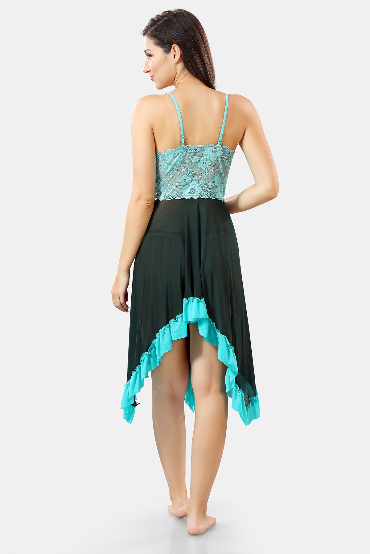 Dark Green Solid Power Net Babydoll Nighty with Panty for Women
