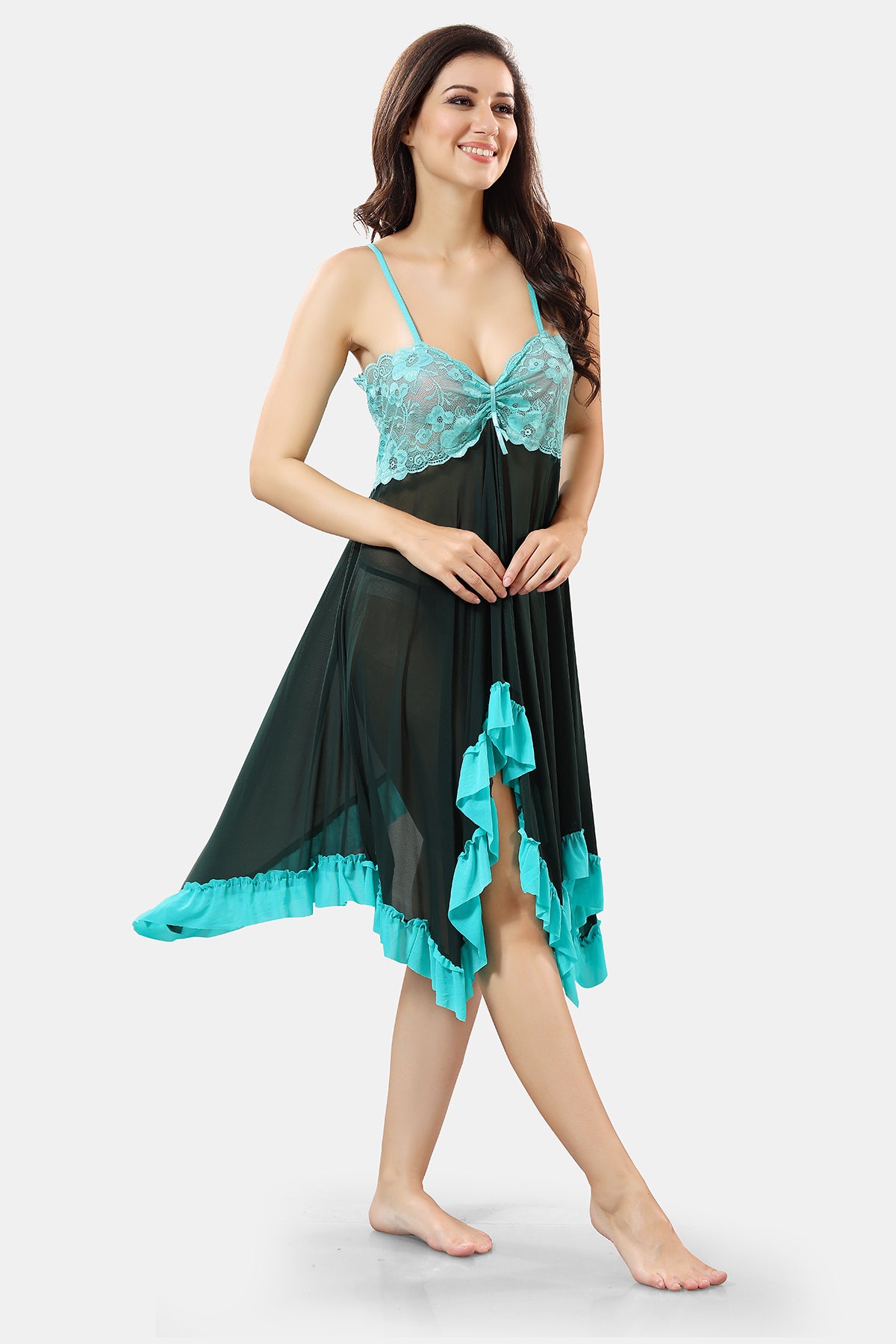 Dark Green Solid Power Net Babydoll Nighty with Panty for Women