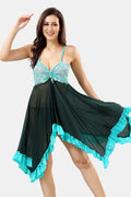 Dark Green Solid Power Net Babydoll Nighty with Panty for Women