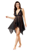 Black Solid Power Net Baby Doll Nighty with Panty for Women