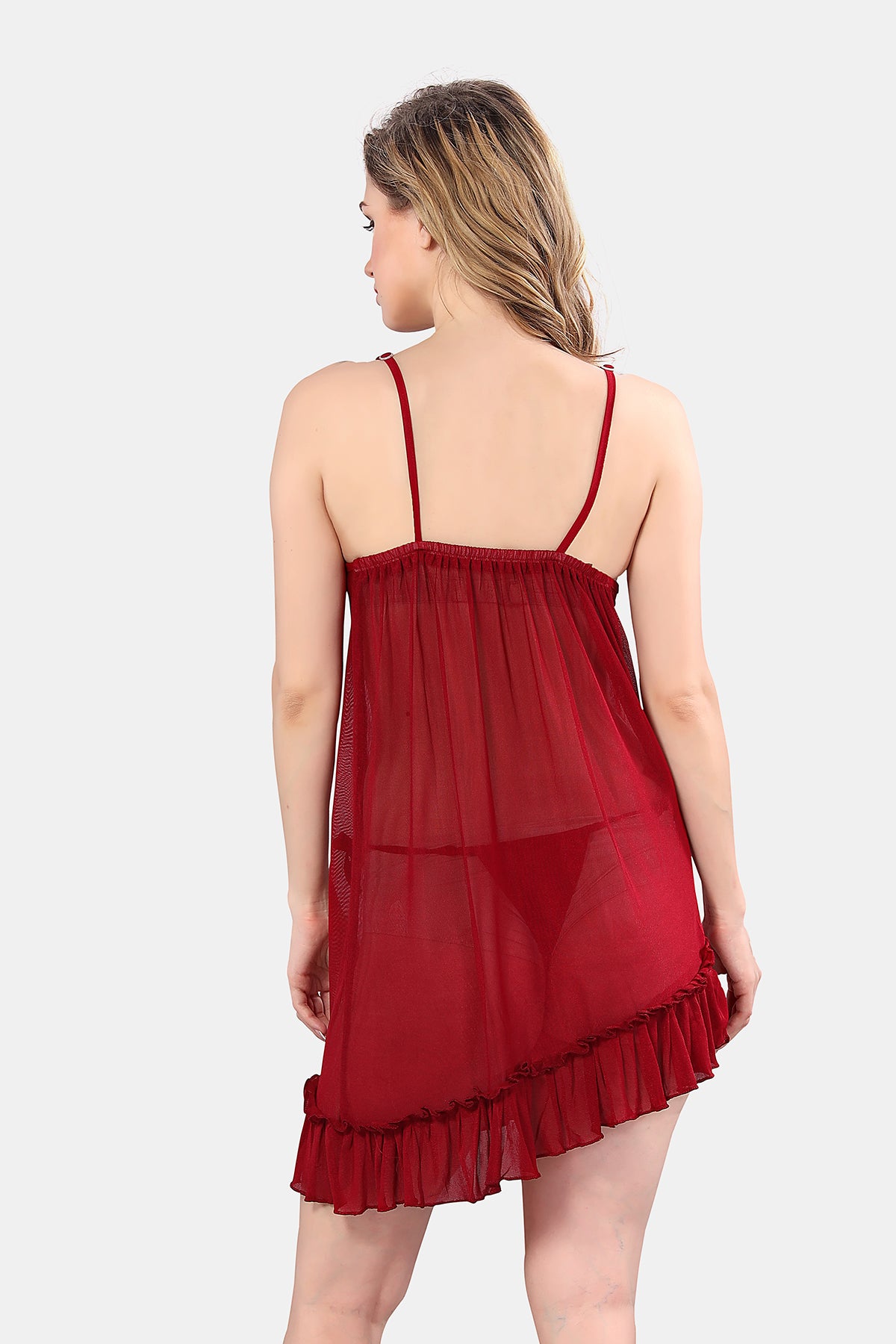 Women’s Maroon Power Net Babydoll Nightwear Set