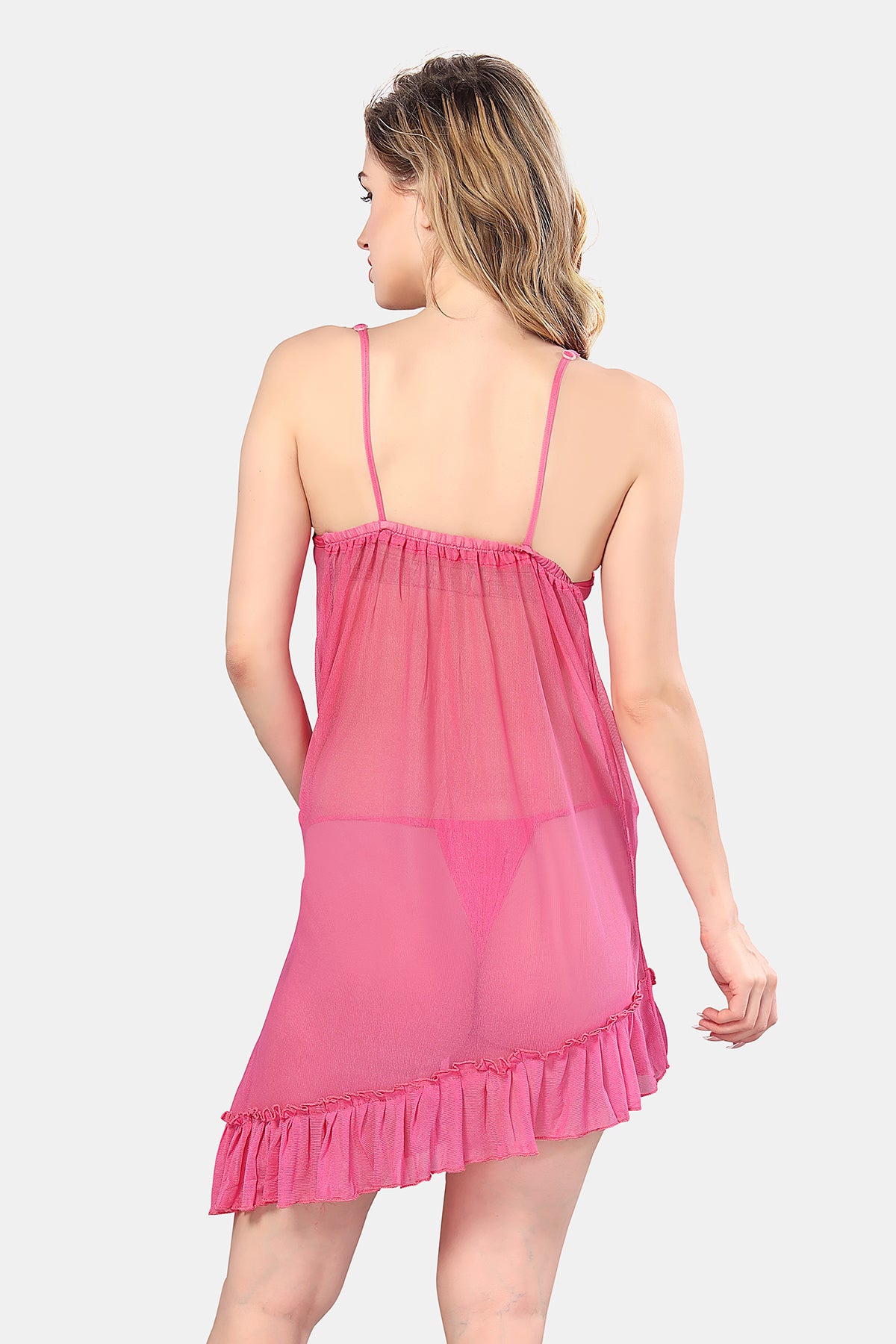 Light Pink Solid Power Net Babydoll Nighty