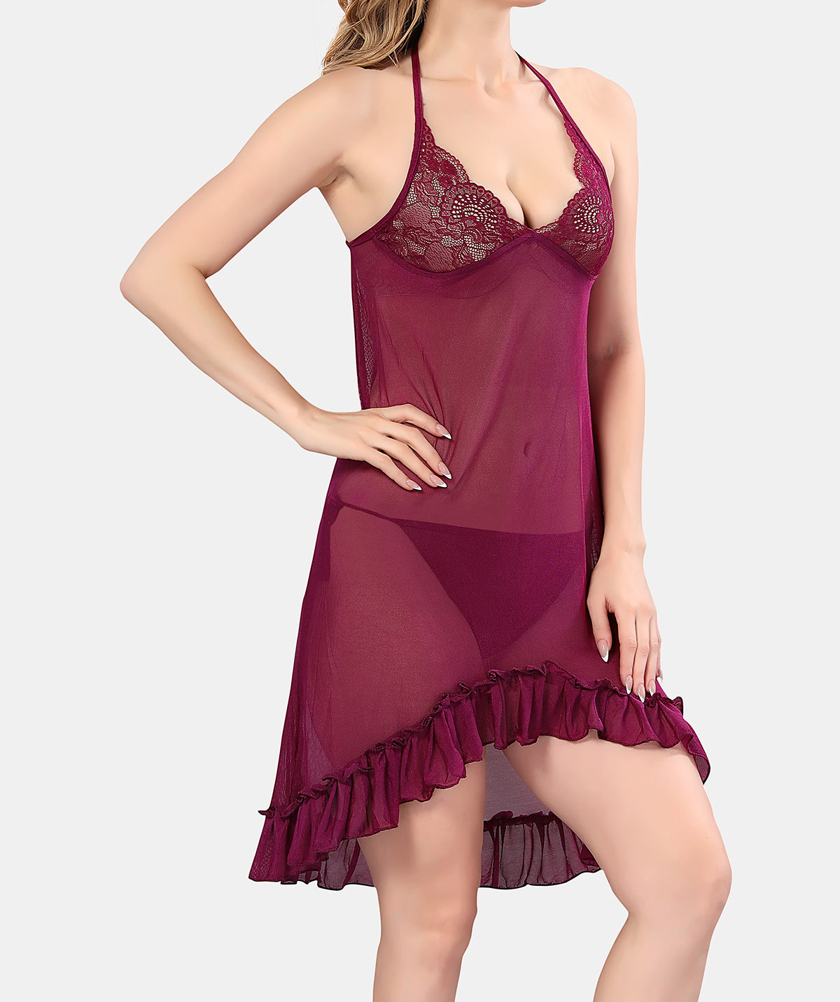 Be You Solid Power Net Baby Doll Nighty with Panty for Women