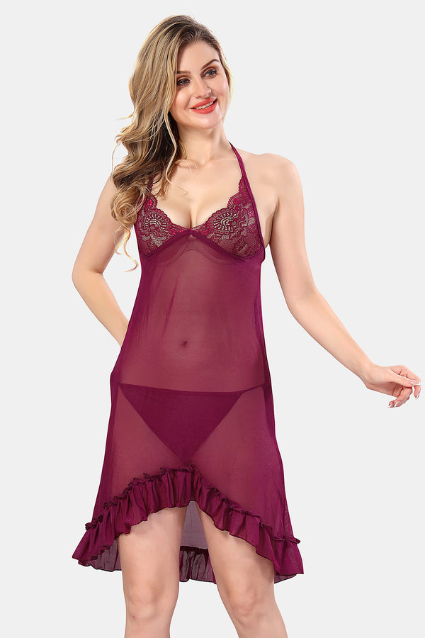 Be You Solid Power Net Baby Doll Nighty with Panty for Women
