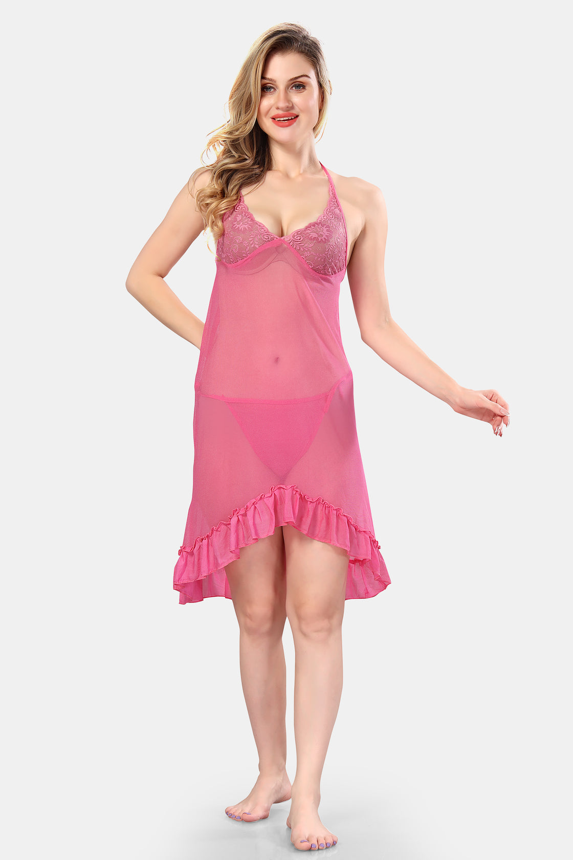 Be You Solid Power Net Baby Doll Nighty with Panty for Women