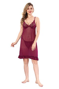 Wine Solid Power Net Babydoll Nighty with Panty