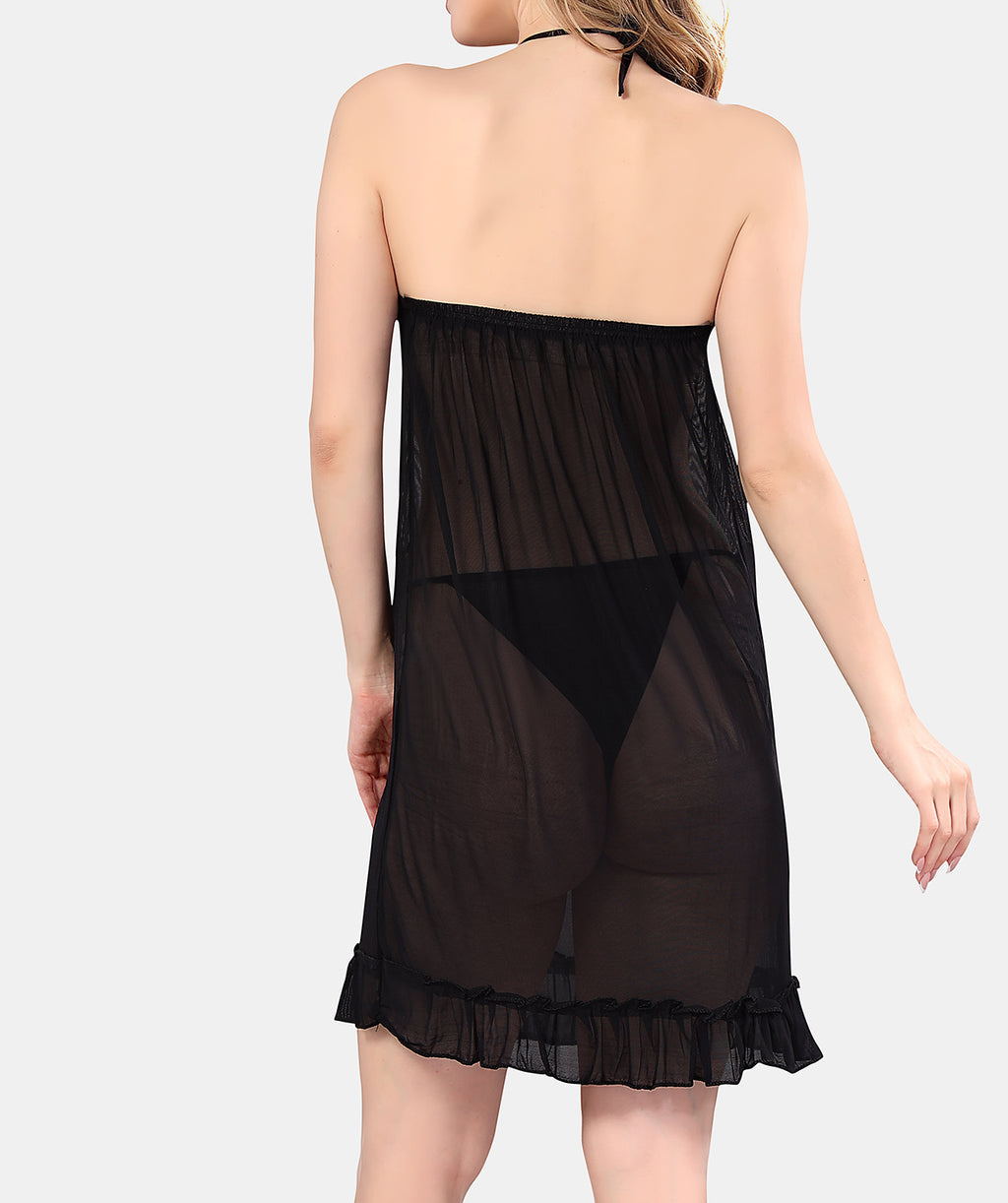 Black Solid Power Net Babydoll Nighty