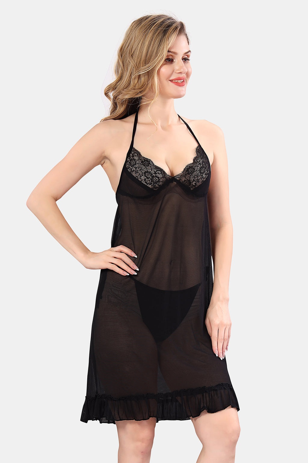 Black Solid Power Net Babydoll Nighty