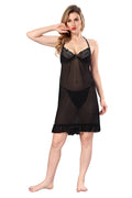Black Solid Power Net Babydoll Nighty