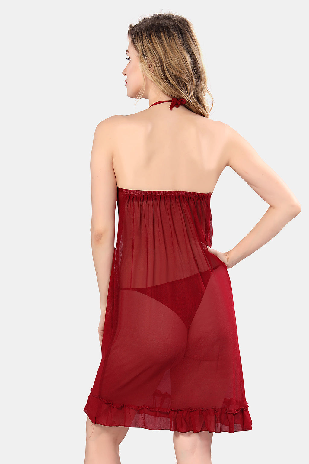 Maroon Solid Power Net Babydoll Nighty