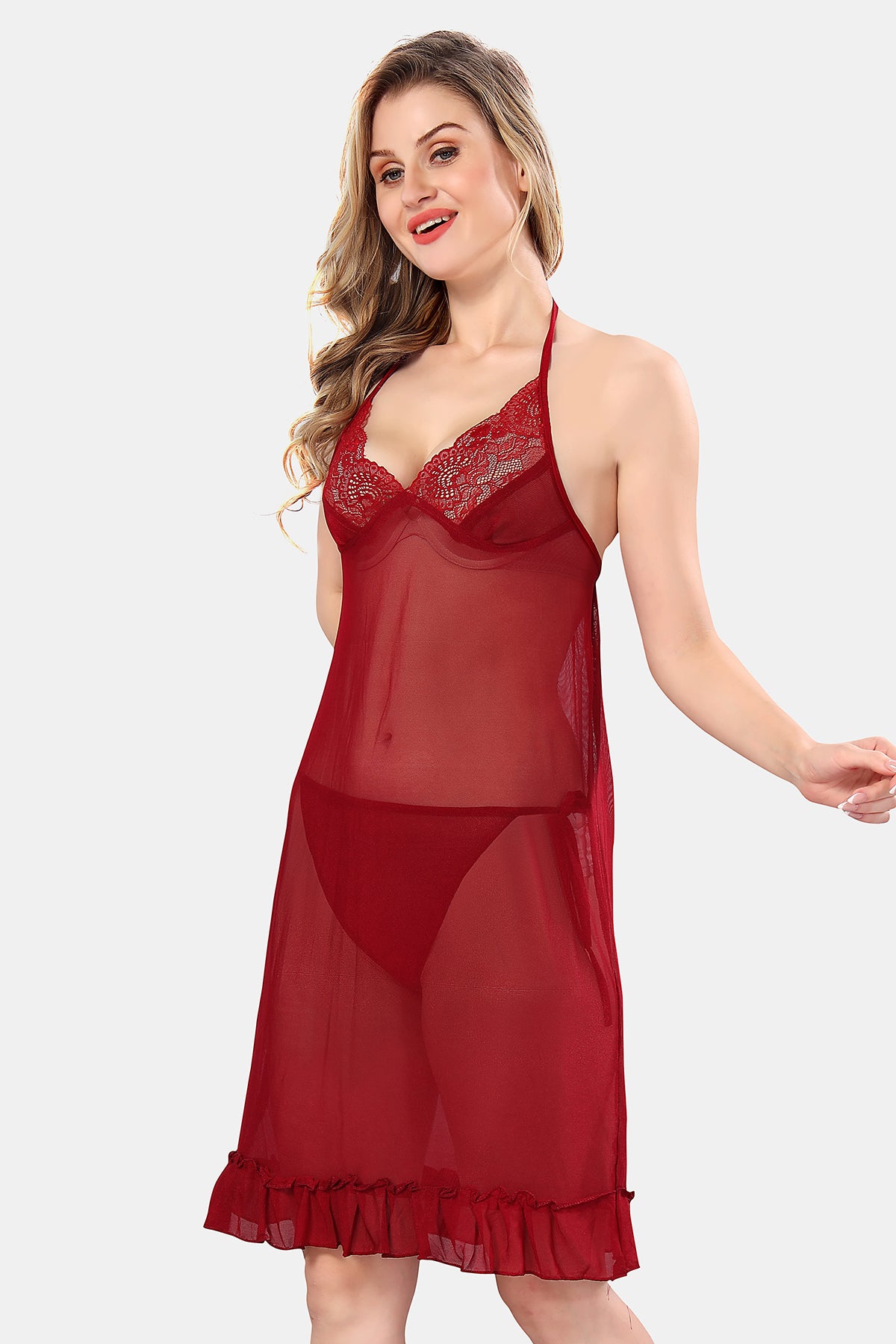 Maroon Solid Power Net Babydoll Nighty