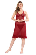 Maroon Solid Power Net Babydoll Nighty