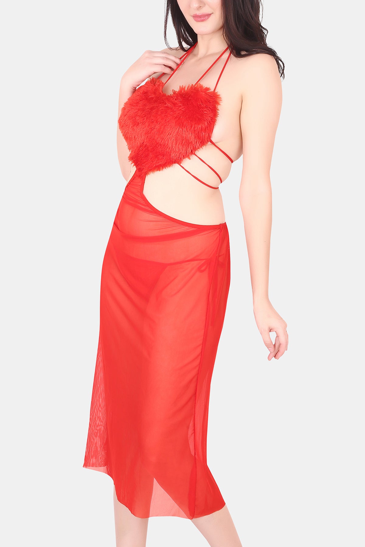 Heart Shape Power Net & Fur Baby Doll Nighty for Women