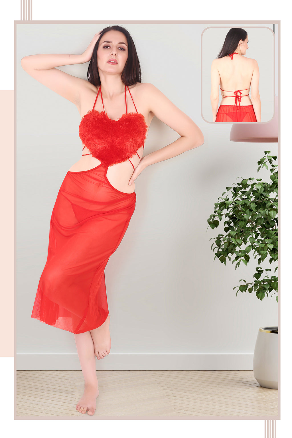 Heart Shape Power Net & Fur Baby Doll Nighty for Women