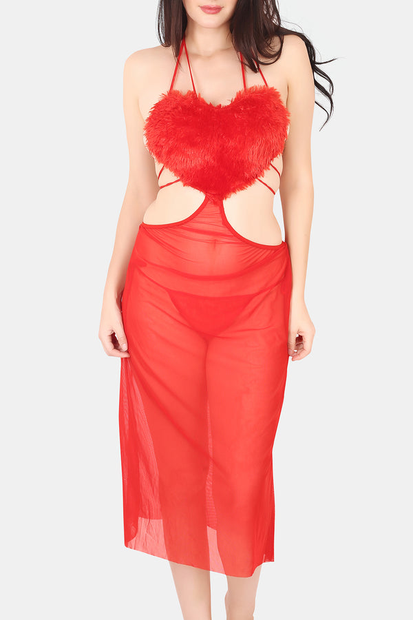 Heart Shape Power Net & Fur Baby Doll Nighty for Women