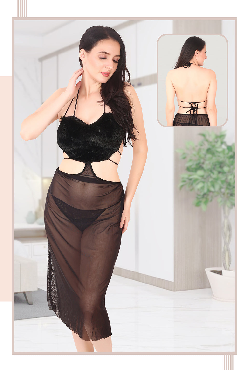 Heart Shape Power Net & Fur Baby Doll Nighty for Women