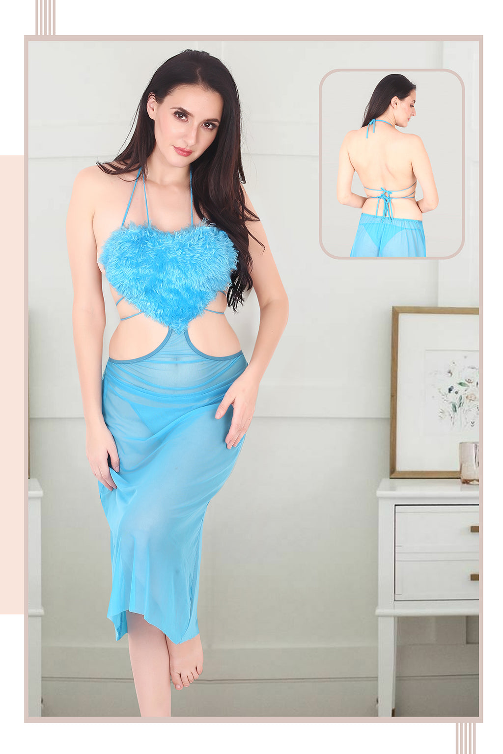 Heart Shape Power Net & Fur Baby Doll Nighty for Women, Sky Blue