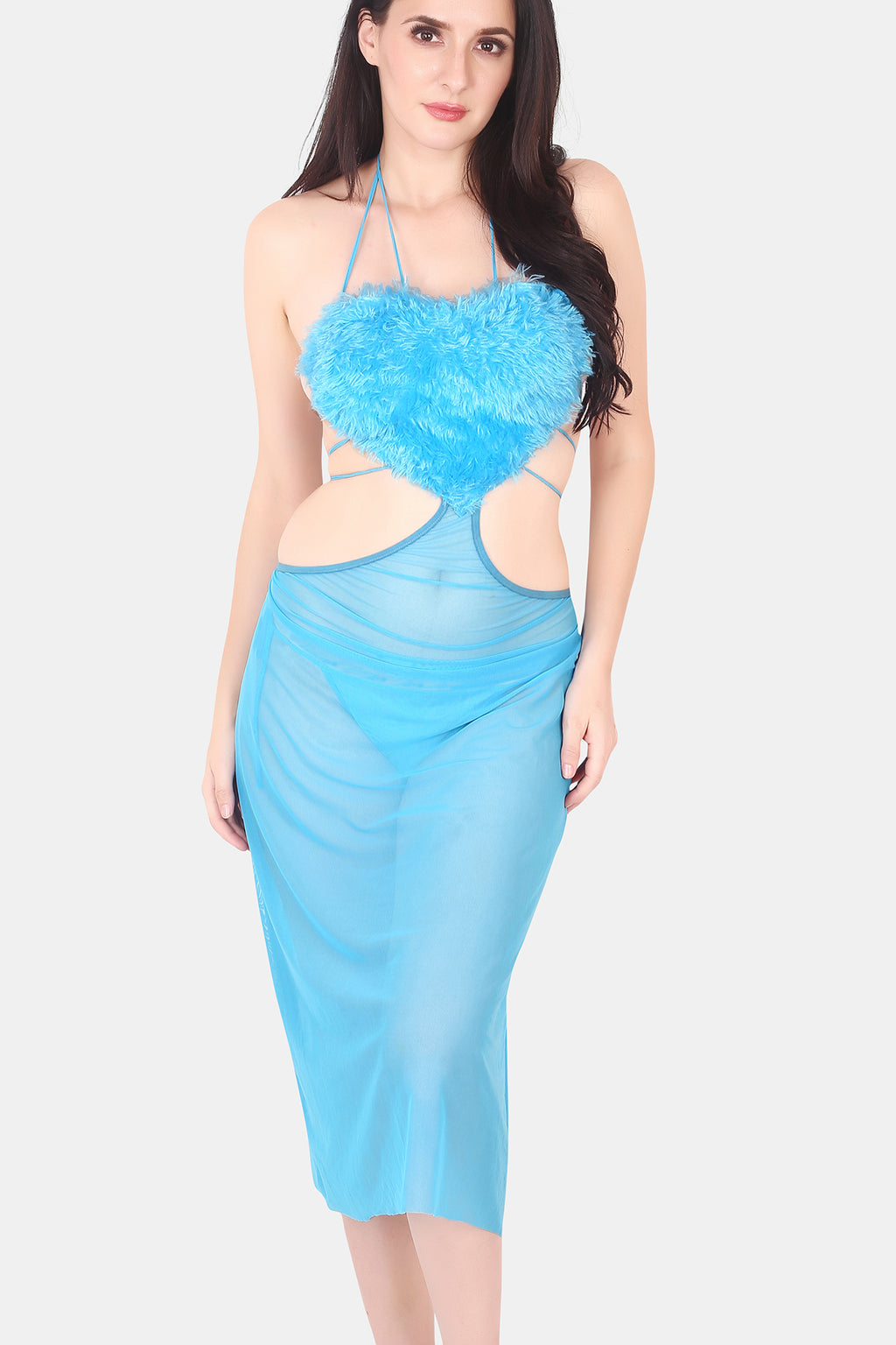 Heart Shape Power Net & Fur Baby Doll Nighty for Women, Sky Blue