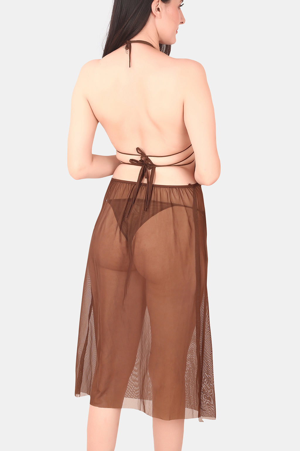 Heart Shape Power Net & Fur Baby Doll Nighty for Women, Brown