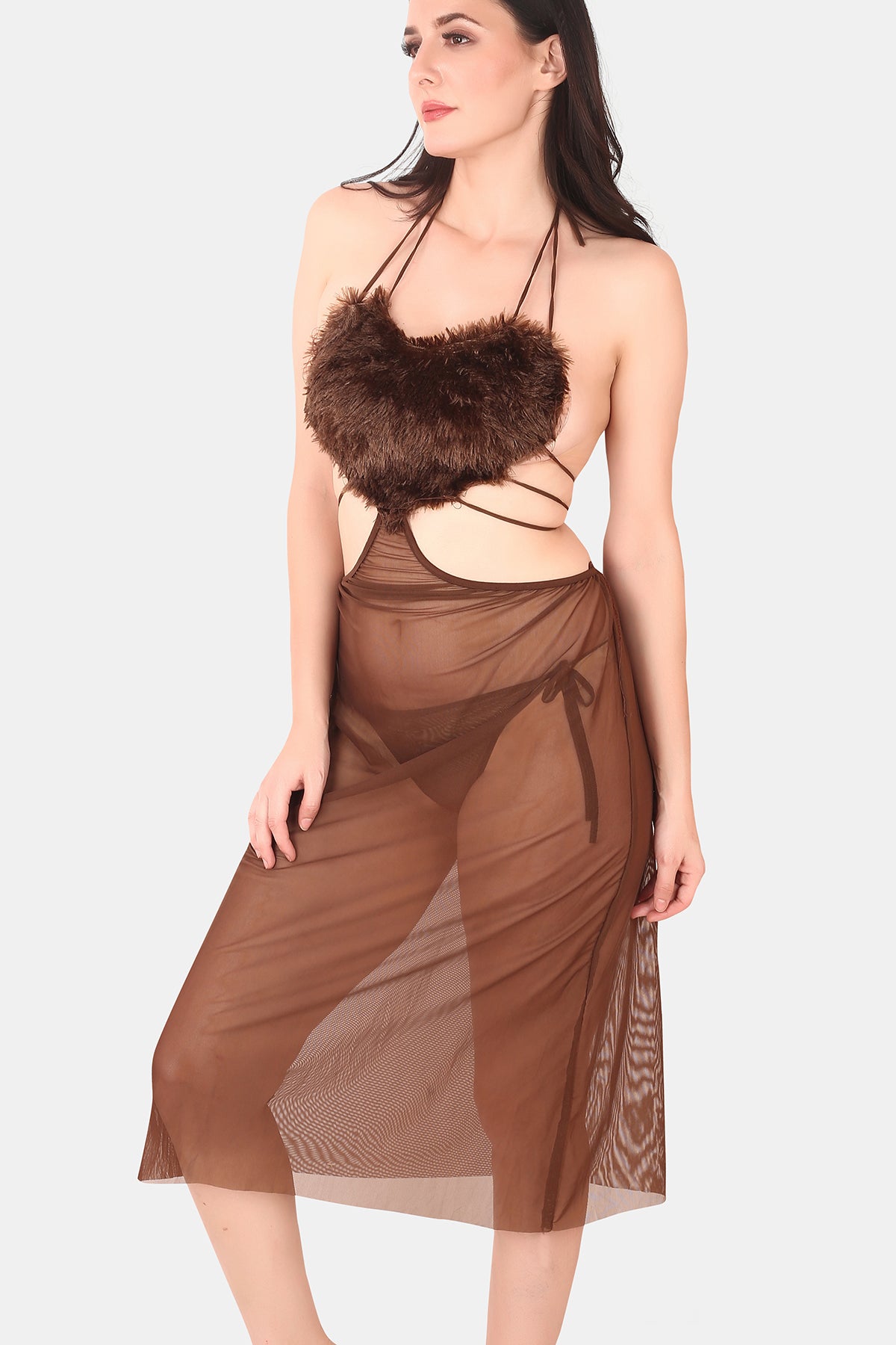 Heart Shape Power Net & Fur Baby Doll Nighty for Women, Brown