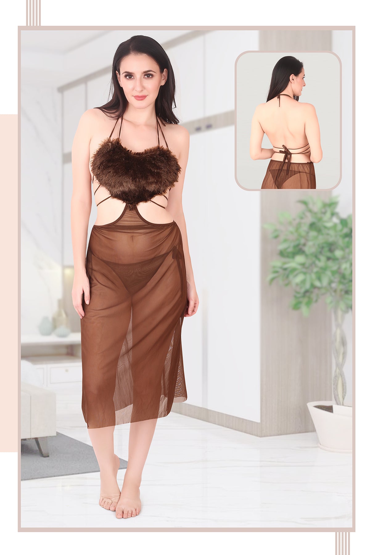 Heart Shape Power Net & Fur Baby Doll Nighty for Women, Brown