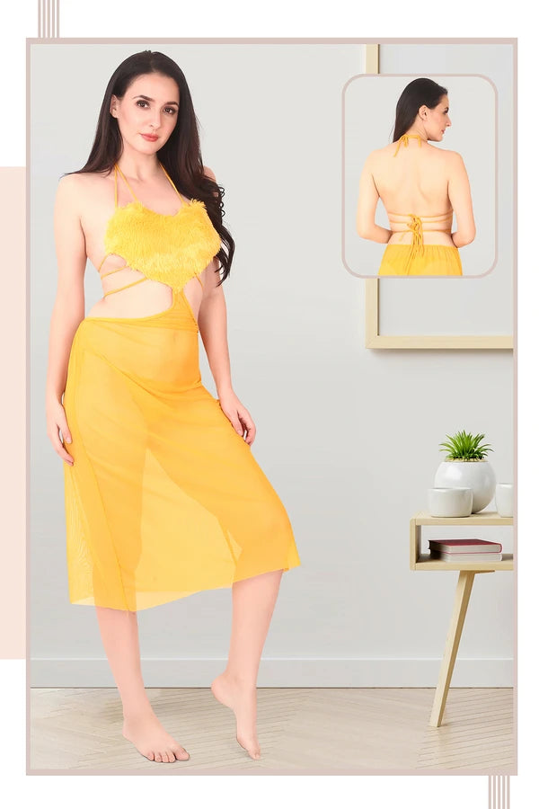 Sheer mustard baby doll with fur heart design

