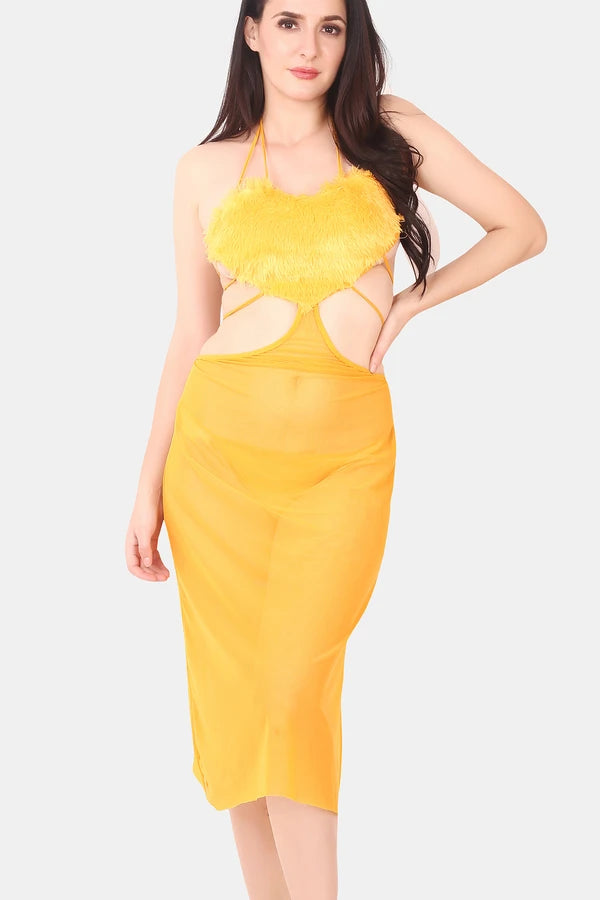 Women mustard power net baby doll nightwear
