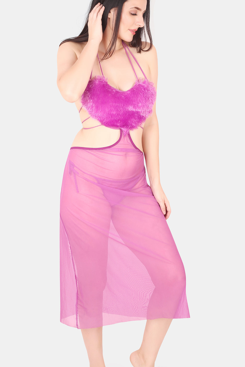Heart Shape Power Net & Fur Baby Doll Nighty for Women, Lavender