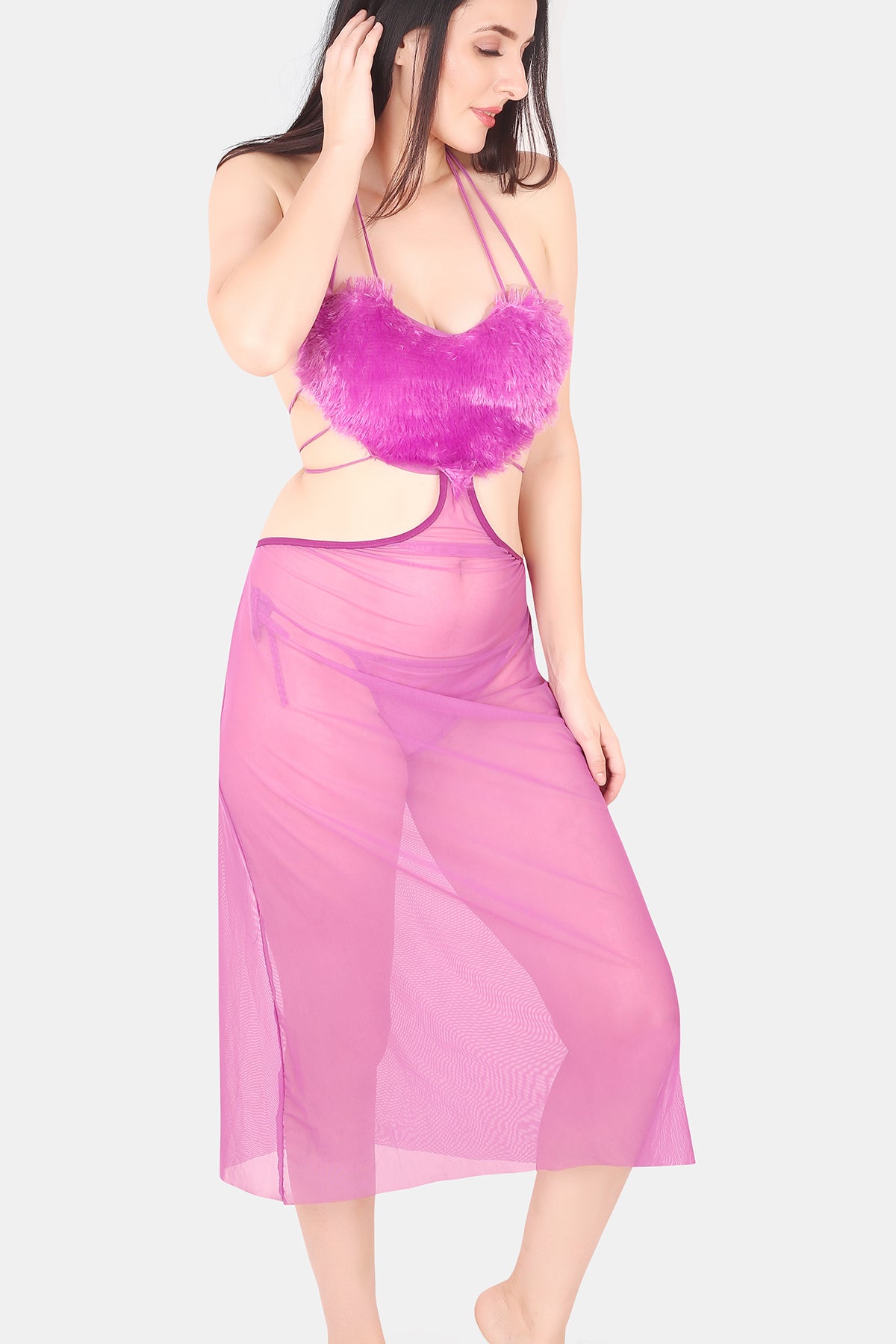 Heart Shape Power Net & Fur Baby Doll Nighty for Women, Lavender