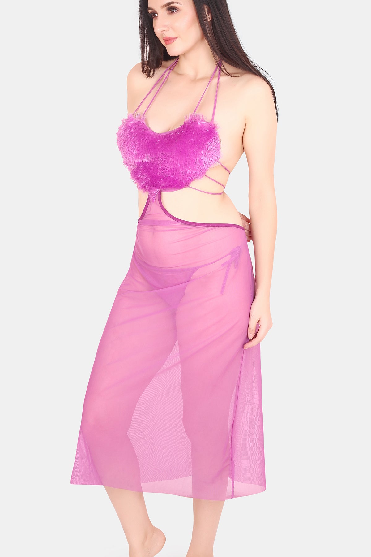 Heart Shape Power Net & Fur Baby Doll Nighty for Women, Lavender