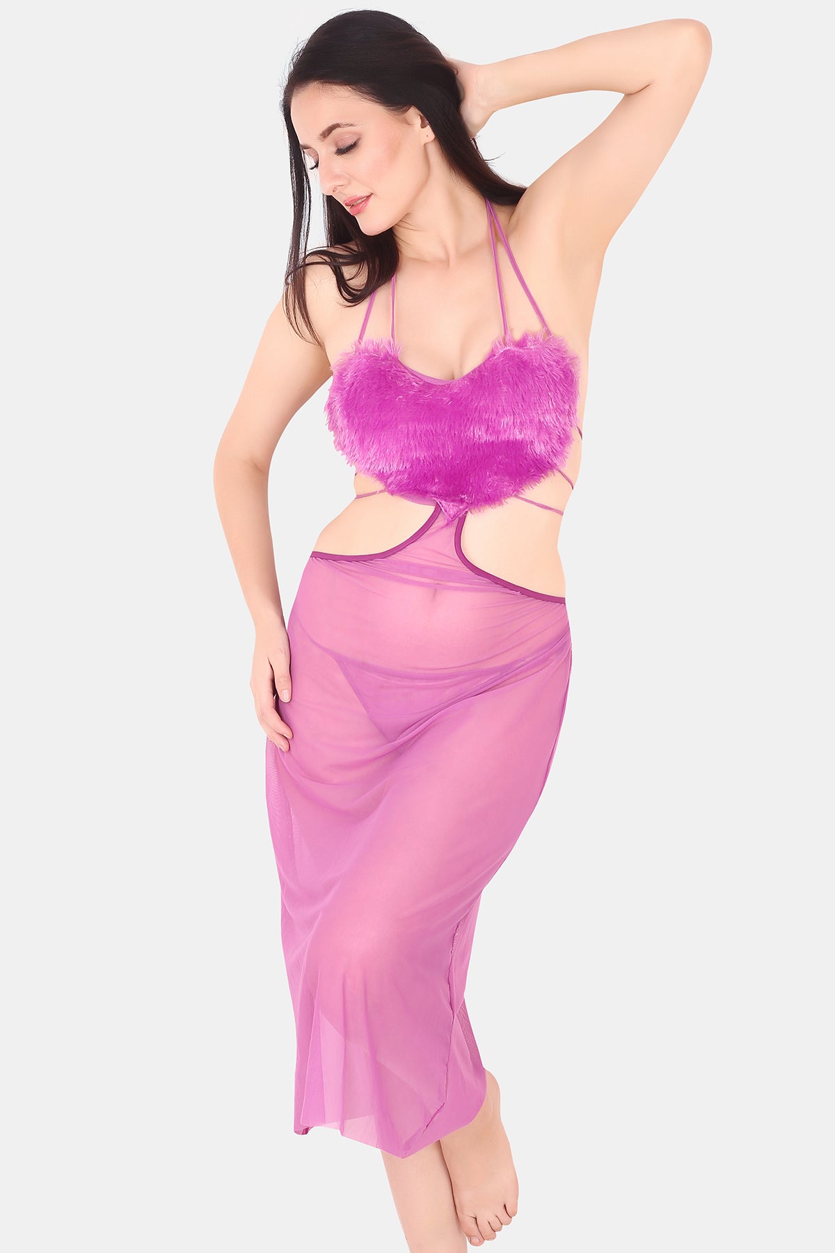 Heart Shape Power Net & Fur Baby Doll Nighty for Women, Lavender